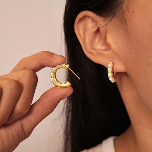 Necocy Chunky Gold Hoop Earrings for Women Non Tarnish, 14k Gold Plated Thick Triple Hoop Earrings Hypoallergenic Trendy Hoops Dainty Jewelry Gifts for Women - style: Simple Pearl C Hoop
