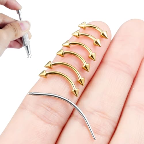 Internally Threaded Eyebrow Piercing Jewelry Surgical Steel Tiny Eyebrow Rings Vertical Labret Lip Jewelry Small Ear Rook Earring for Women Men 18g 16g 14g Plus Piercing Ball Grabber Tool - color: goldtone, size: 16g,spike end