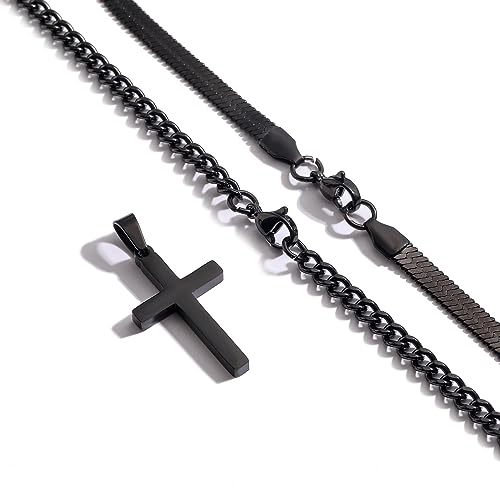 Zocomi Cross Necklace for Men Boys, Stainless Steel Layered Cuban Link Herringbone Chain Cross Pendant Christian Fashion Jewelry Gifts 16-24 Inches - color: Black, size: 20inch/22inch, style: Herringbone+Cuban