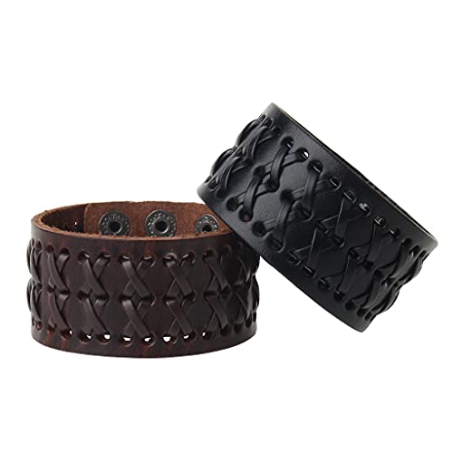 Jeilwiy Punk Leather Wristbands for Men Bracelets Handmade Wide Cuff Bangle Braided Jewelry Black Brown Adjustable - Punk Father's Gifts - color: Mens Genuine Leather Bracelet