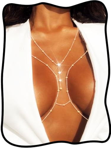 Urieo Sparkly Beads Bra Chain Silver Crystal Chest Chains Rhinestone Layered Sexy Nightclub Beach Rave Body Chain for Women - style: B-gold