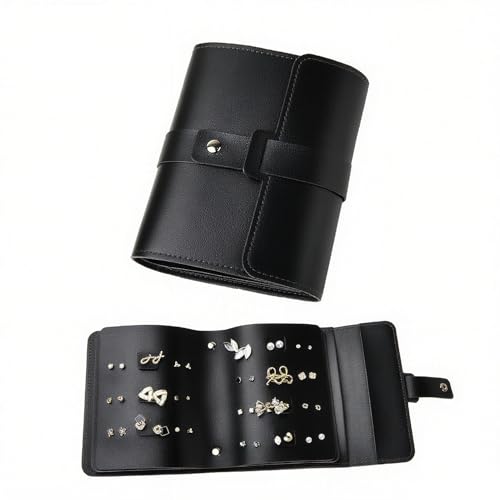 LAKE OF FIRE Earring Holder Organizer with Foldable Book Design,Black | Portable,Pu Leather,42 Pairs Earring Storage Organizer,Travel Essentials for Women - color: Black