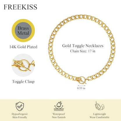 Freekiss 3-Piece Layered Toggle Necklace for Women | Gold/Silver necklace set with herringbone, rope, and paperclip chains plus a toggle clasp for layering, parties, and gifts - color: Toggle Style2 Gold