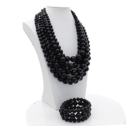 JNF Large Faux Pearl Necklaces for Women Multi strand Pearl Necklace Bracelet and Earrings Set 1920s Costume Pearls Necklace Jewelry Accessories - color: Black