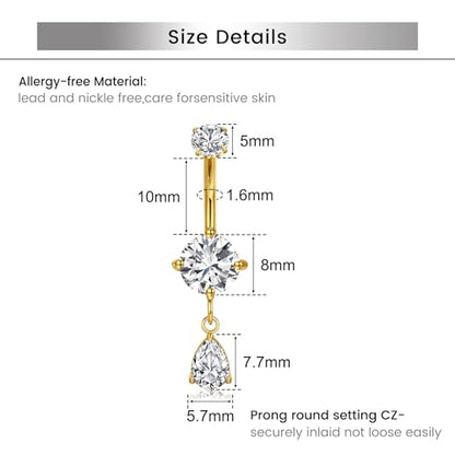 Briana Williams Belly Button Ring Clear CZ Dangle Belly Button Piercing Belly Rings Dangle Belly Button Rings Surgical Steel Teardrop Dangle Belly Button Jewelry for Women Silver Gold - color: D -gold