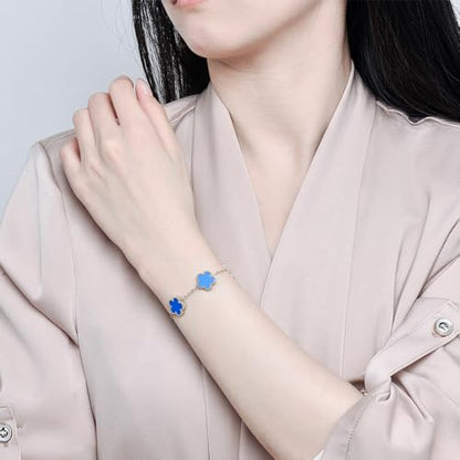 FLY FEI 18K Gold-Plated Four Leaf Clover Bracelet for Women,Adjustable lucky Bracelet Set Jewelry Gift-Hypoallergenic Charm for Birthdays, Wellness & Daily Wear - color: style02-Blue(silvery)