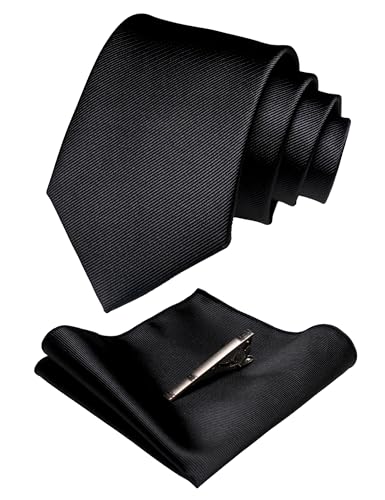 JEMYGINS Solid Color Formal Necktie and Pocket Square Tie Clip Sets for Men - color: Black