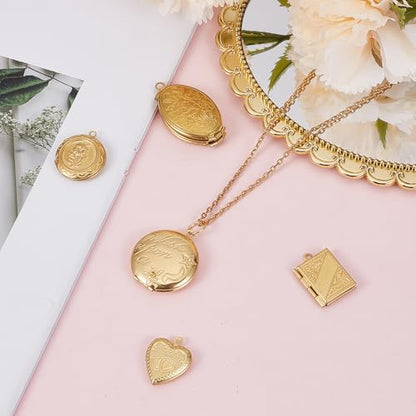 NICENEEDED 5 PCS 5 Style Copper Gold Locket Pendants, Small Heart Photo Frame Charms Metal Oval Memory Locket Charms, Square Picture Frame Bouquet Charm for DIY Jewelry Making