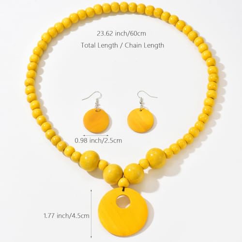 LOTSOF Boho Wooden Beaded Necklace and Earring Set for Women, Bohemian Chunky Statement Costume Jewelry, Round Drop Pendant Retro Ethnic Accessories Ladies Gift - color: Yellow