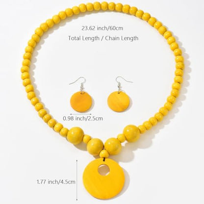 LOTSOF Boho Wooden Beaded Necklace and Earring Set for Women, Bohemian Chunky Statement Costume Jewelry, Round Drop Pendant Retro Ethnic Accessories Ladies Gift - color: Yellow