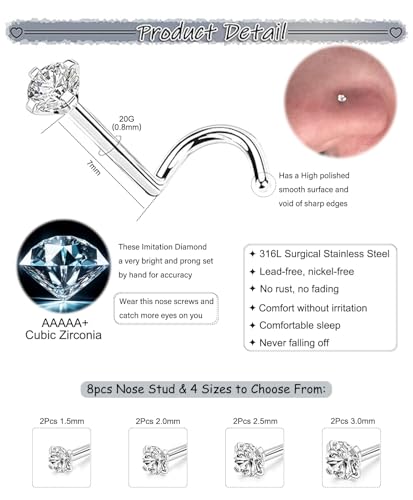 8Pcs Nose Rings Studs Set for Women Men: Hypoallergenic G23 Titanium/316L Surgical Stainless Steel Nose Studs, Nickel-free Lead-free L Shaped Corkscrew Nose Piercing Jewelry CZ 1.5mm 2mm 2.5mm 3mm - style: 8pcs 20G Silver - Stainless Steel