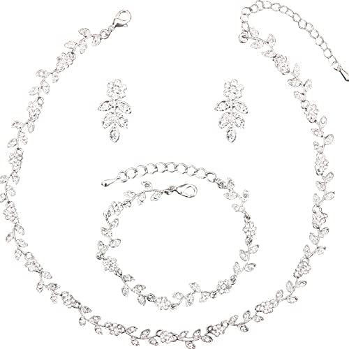 Austrian Crystal Rhinestone Choker Necklace Dangle Earring Link Bracelet Jewelry Set for Brides Bridesmaid Prom Costume Accessories for Women - color: White-Platinum Plated