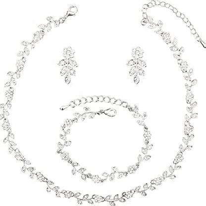 Austrian Crystal Rhinestone Choker Necklace Dangle Earring Link Bracelet Jewelry Set for Brides Bridesmaid Prom Costume Accessories for Women - color: White-Platinum Plated