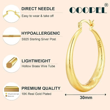OOOPEL 925 Sterling Silver Hoop for Women Gold Hoop Earrings Hypoallergenic Diamond-Cut Ripples Designed - Non Tarnish Large Hoop Earrings(30/40/50/60/70mm) - color: Gold-30mm