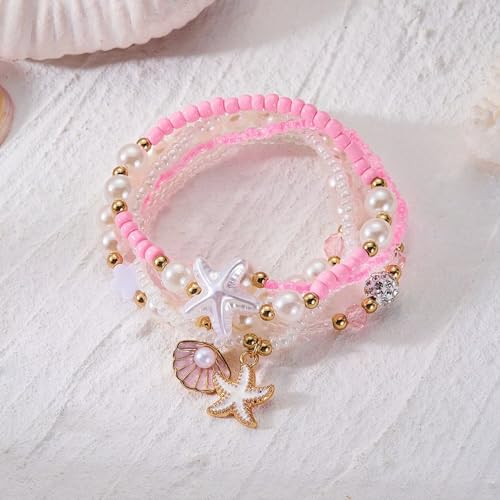 Boho Stackable Beaded Bracelet Set, Pink, Starfish Shell Pearl Charms, Elastic Handmade Layered Stretch Bracelets, Summer Beach Holiday Jewelry for Women - color: Pink C