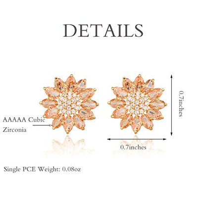 Crystal Flower Burst Stud Earirings - Big Sterling Silver CZ Cubic Zirconia Rhinestone Daisy Sunflower Floral Cluster Studs Bridal Wedding Party Prom Costume Jewelry for Bride Bridesmaids Women Birthstone Birthday Gift - color: Champagne