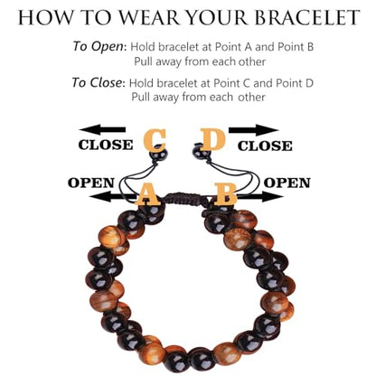 Triple Protection Bracelet,Bracelets for Men Women, Natural Tiger Eye Jewelry Stone Hematite and Blue Stone Hematite 8mm Crystal Bracelet - Adjustable Size with Premium Gift-Box - color: Brown-Black
