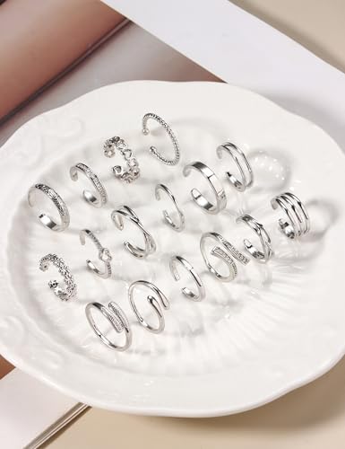 Giovanchi 16Pcs Toe Rings for Women - 14K Gold Filled Non Tarnish | Waterproof Adjustable, Gold Silver Toe Ring, Flower Cz Open Toe Rings Set Foot Jewelry Gifts - color: Silver