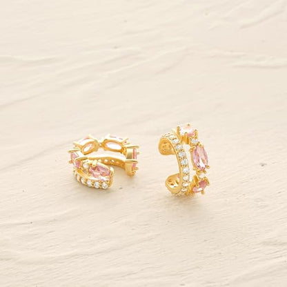MYEARS Women Ear Cuff Earrings Gold Non Pierced Cartilage Clip on Open Wrap Split Double Hoop 14K Small Simple Hypoallergenic Everyday Jewelry - style: Pink / Pair