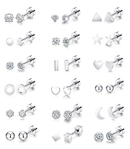 18Pairs 20G 18G Stainless Steel Tiny Stud Earrings for Women Cartilage Helix Earrings Ball Star CZ Earrings - color: Sliver, size: 18G