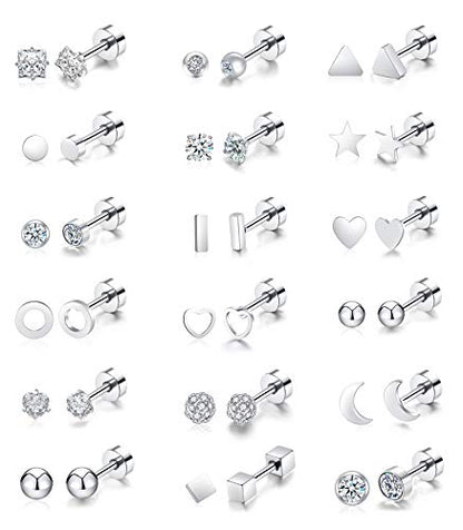 18Pairs 20G 18G Stainless Steel Tiny Stud Earrings for Women Cartilage Helix Earrings Ball Star CZ Earrings - color: Sliver, size: 18G