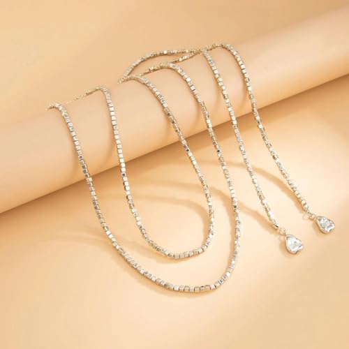 FUTIMELY Gold Long Body Chain Tassel Pendant Necklace for Women,Shiny Metallic Cube Beaded Adjustable Y Drop Lariat Necklace Minimalist Textured Jewelry - color: Silver