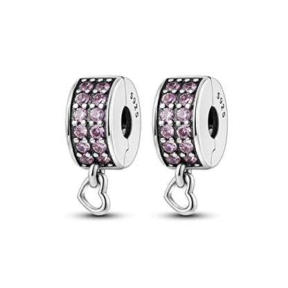 Parmuz Clip Spacer Charm for Bracelet 925 Sterling Silver Stopper Beads | Pave Lock Stopper Charm for Necklace Pink Daisy Butterfly Cubic Zirconia Openable Beads Jewelry Gift for Woman - color: Pink clip charm 2pcs