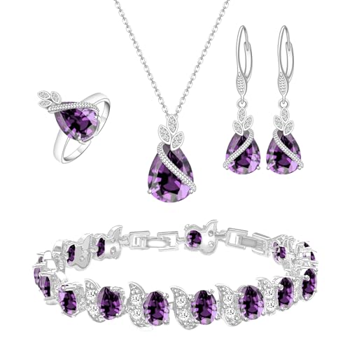 GZWHD Jewelry Set for Women CZ Earrings Necklace Ring Bracelet Set Prom Party Wedding Jewelry Gift for Mother Friend Wife - color: A-Purple
