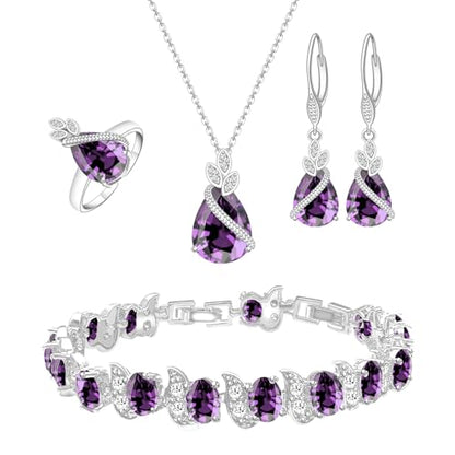 GZWHD Jewelry Set for Women CZ Earrings Necklace Ring Bracelet Set Prom Party Wedding Jewelry Gift for Mother Friend Wife - color: A-Purple