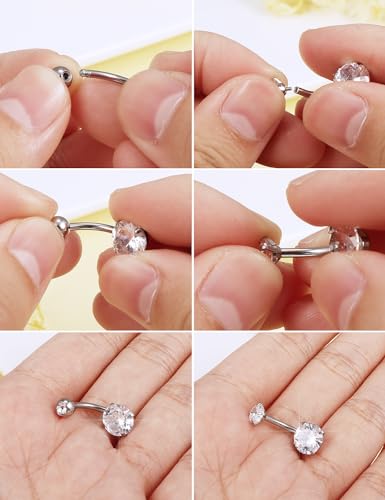 Long Belly Button Ring 6mm 8mm 10mm 12mm 14mm Surgical Stainless Steel Round Cubic Zirconia Navel Barbell Long Bar Belly Button Piercing Jewelry Silver, black, rose gold belly ring - color: 2pcs-10mm-White Belly ring Zircon+Diamond