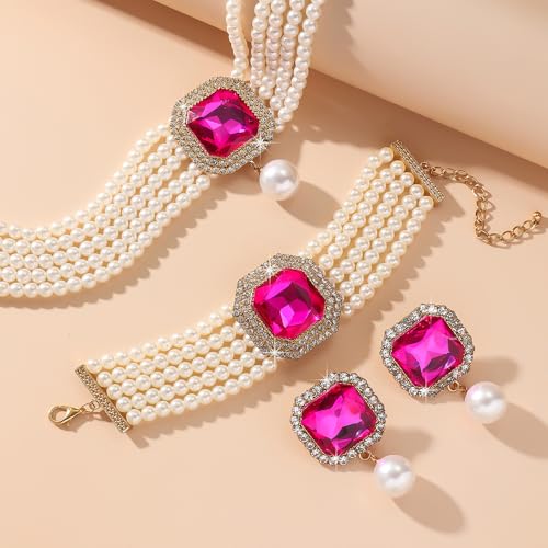 Fashion Bride Silver Black Green Bridal Layered Rhinestone Crystal 1920s Faux Pearls Necklace Earrings Bracelet Set Crystal Wedding Jewelry Set Rose Red Square Choker Necklace for Women - color: Rose Red
