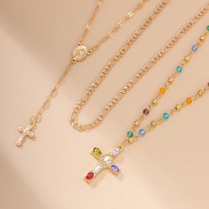 Layered Cross Necklace Set for Women, Layered Choker Necklaces Trendy Jewelry, Colorful Enamel Beaded Y-Shaped Lariat Necklace, Boho Multilayer Cross Necklace for Party and Daily Wear - color: Gold-10
