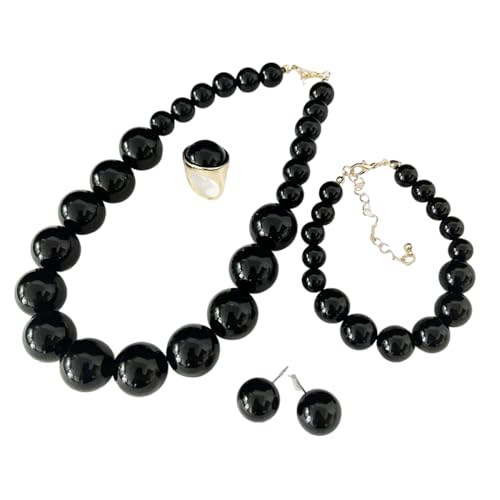 xuzhiyuan Statement Pearl Jewelry Set for Women - Includes Necklace, Bracelet, Earrings, and Ring | Colorful Faux Pearl Fashion Jewelry Set for Party, Wedding, Daily Wear - color: Black