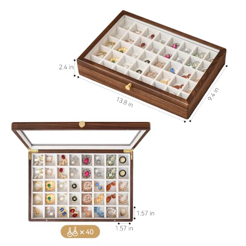 Black Walnut Wooden Jewelry Box, 40 Grid Earring Display Case for Women | Solid Wood, Earrings Organizer, Rings Stud Holder, Jewelry Tray, Glass Lid, Handcrafted, Velvet Lined, Gifts for Girls Mom - color: 40 Grids Jewelry Box