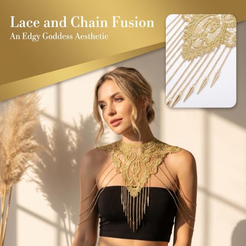 Gold Shoulder Jewelry for Women Fine Chain Body Necklace with Flower Lace Design Sexy Cape Style Accessory for Bikini Dress Showgirl Moroccan Outfit and Festival Wear