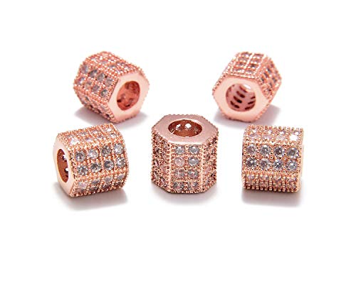 AD Beads Zircon Pave Rhinestones Big Hole Hexagon Spacer Beads 7x8mm 5Pcs Clear on Rose Gold - color: 5 Pcs Clear on Rose Gold Hexagon (7x8mm)