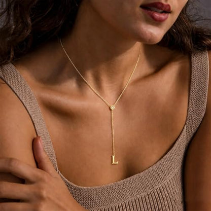 14K Gold Plated Initial Y Necklace for Women,CZ Letter Lariat Necklace | Dainty Long Necklace Y-Shaped Drop Letter Pendant Adjustable 16.5"+2" Long Chain Shiny CZ Trendy Jewelry Gift For Her - color: L