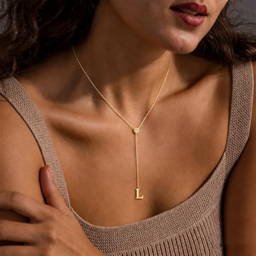 14K Gold Plated Initial Y Necklace for Women,CZ Letter Lariat Necklace | Dainty Long Necklace Y-Shaped Drop Letter Pendant Adjustable 16.5"+2" Long Chain Shiny CZ Trendy Jewelry Gift For Her - color: L