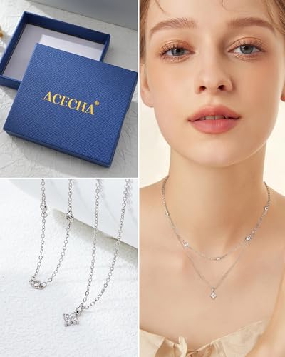 ACECHA Silver Necklace for Women, Dainty Layered Stack Set | silver plated, stackable, choker necklaces with cz pendant, ideal for daily prom wedding jewelry - color: silver-diamond clover