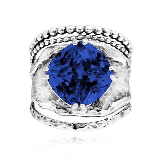 JEAN RACHEL JEWELRY 925 Sterling Silver Prong Solitaire Ring | Raised crown engagement style ring mounting a precision faceted brilliant Cubic Zirconia solitaire over stacked silver rows. - color: Sapphire CZ