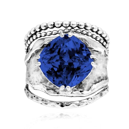 JEAN RACHEL JEWELRY 925 Sterling Silver Prong Solitaire Ring | Raised crown engagement style ring mounting a precision faceted brilliant Cubic Zirconia solitaire over stacked silver rows. - color: Sapphire CZ