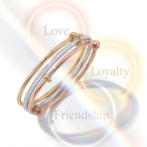 mixed metal Tri-Tone Bangles Bracelet for Women, 3/5 Pcs Stainless Steel Gold Plated Stackable Bracelet Set, Stylish Jewelry Gift - color: Silver zirconium + gold + rose gold, size: 60