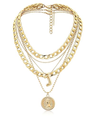 MJartoria Layered Necklaces for Women Trendy Balloon Initial Coin Pendant Necklace Dainty Chunky Chain Choker Necklaces Jewelry Birthday Gifts - color: Gold, style: J