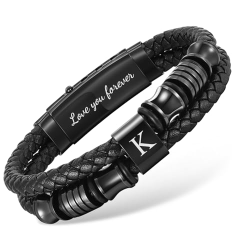 Initial Braided Leather Bracelets for Men - Double-Row Braided Mens Leather Bracelet Adjustable Wristband Initial Bracelet with Stainless Steel Clasp Unique Jewelry Gifts for Husband Dad Friend Son - color: Initial K