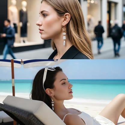 Statement Pearl Dangle Earrings,Gold and Large Pearl,Luxury Chandelier Organic Style Earrings - color: B gold and white
