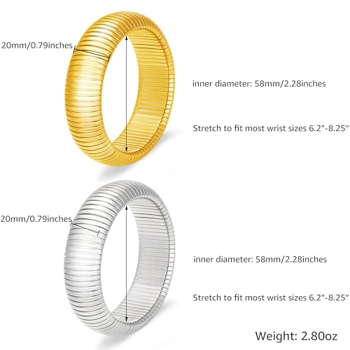 Gold Chunky Stretch Snake Chain Bangle Bracelets Stack for Women Trendy, 18K Gold Filled Stainless Steel Stretchy Womens Stackable Wristband Bangles Bracelet Set - style: GOLD&SILVER 20MM