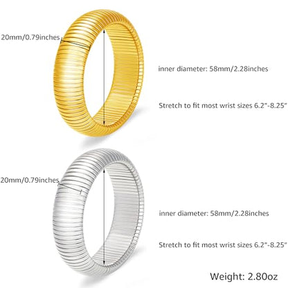 Gold Chunky Stretch Snake Chain Bangle Bracelets Stack for Women Trendy, 18K Gold Filled Stainless Steel Stretchy Womens Stackable Wristband Bangles Bracelet Set - style: GOLD&SILVER 20MM