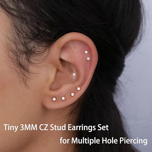 6Pairs 2mm/3mm Surgical Steel Hypoallergenic Piercing Studs, 20G 14K Real Gold Filled Tiny Stud Earrings Set for Multiple Hole Piercing (Cubic Zirconia, Pearl, Ball) - style: T : 3MM, Gold, Heart&CZ, 6 Pairs