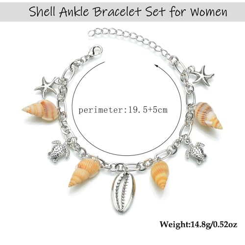 Shell Ankle Bracelet Set for Women,Boho Adjustable Beads Anklet Pack Natural White Shells Stack Stretch Seashell Pearl Starfish Bracelet Set Hawaiian Beach Vacation Foot Jewelry - style: H-Shell Conch
