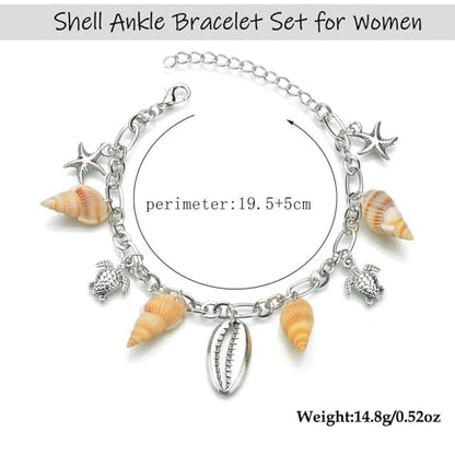 Shell Ankle Bracelet Set for Women,Boho Adjustable Beads Anklet Pack Natural White Shells Stack Stretch Seashell Pearl Starfish Bracelet Set Hawaiian Beach Vacation Foot Jewelry - style: H-Shell Conch